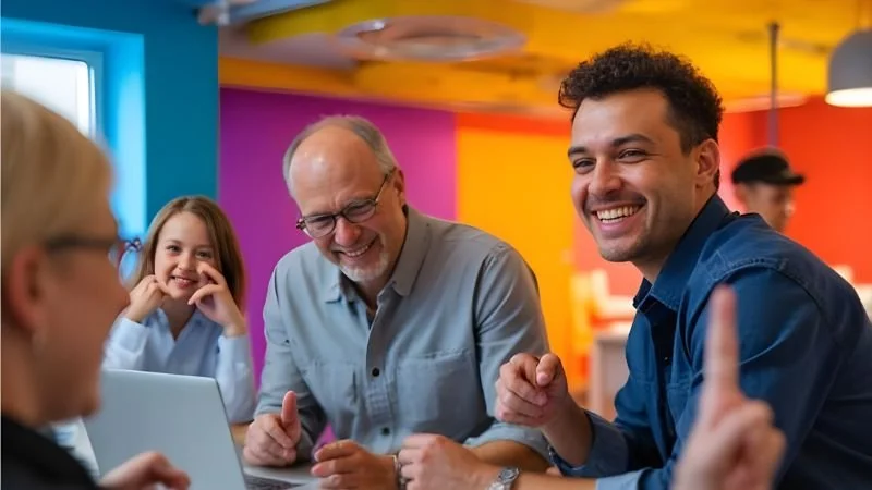 People laughing and smiling at a colorful indoor setting, with a woman and a girl visible on the left and a man in glasses and a woman in the background, engaging in conversation.