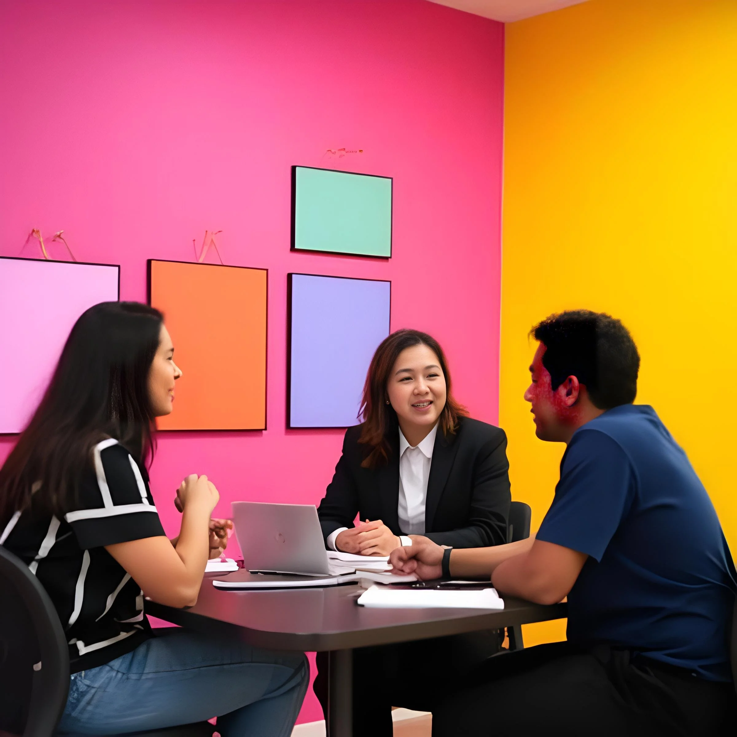 Three young adults having a conversation during a meeting in a colorful office with pink and yellow walls and artwork.