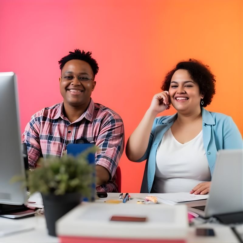 Two people, a man and a woman, sitting at a desk with computers, smiling and laughing against a pink and orange background. They are successfully collaborating together at work.