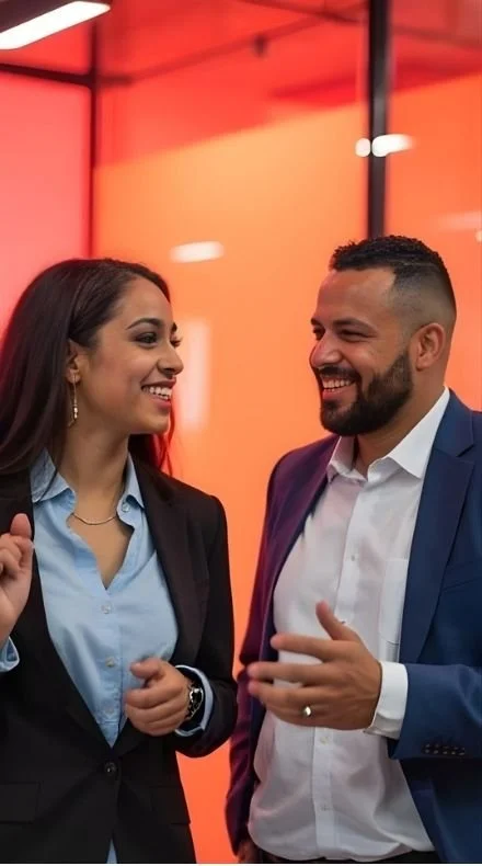 A woman and man in business attire smiling and talking in front of a red and orange background. They are having a positive and constructive conversation.