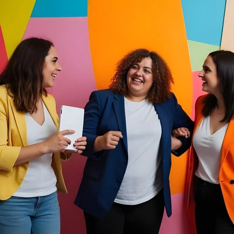 Three women smiling and talking at work in front of a colorful abstract wall, one holding a tablet.