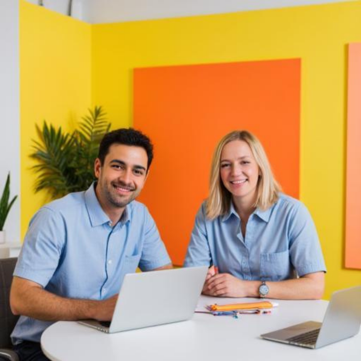Two smiling people, a man and a woman, sitting at a white table with laptops and notebooks, in a brightly colored office with yellow, orange, and pink walls and green plants. They are happy because one of them has good management communication skills
