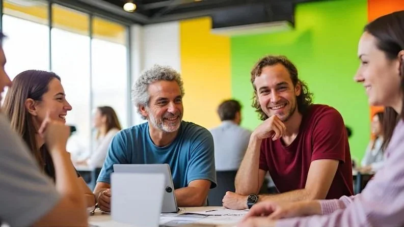 Group of five work colleagues sitting around a table, smiling and engaging in conversation, with a colorful wall in the background.