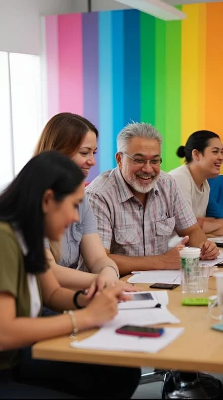 A diverse group of people smiling and sitting at a table during a meeting in a colorful room with rainbow walls. They are all included in the conversation and feel comfortable and accepted.