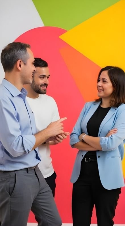 Three colleagues engaged in a conversation in front of a colorful abstract wall, two men and one woman smiling and laughing.
