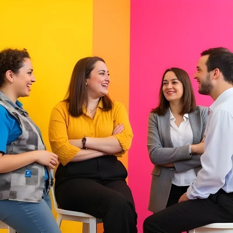 Four people, three women and one man, are engaged in a friendly conversation against a colorful background of yellow, orange, and pink.