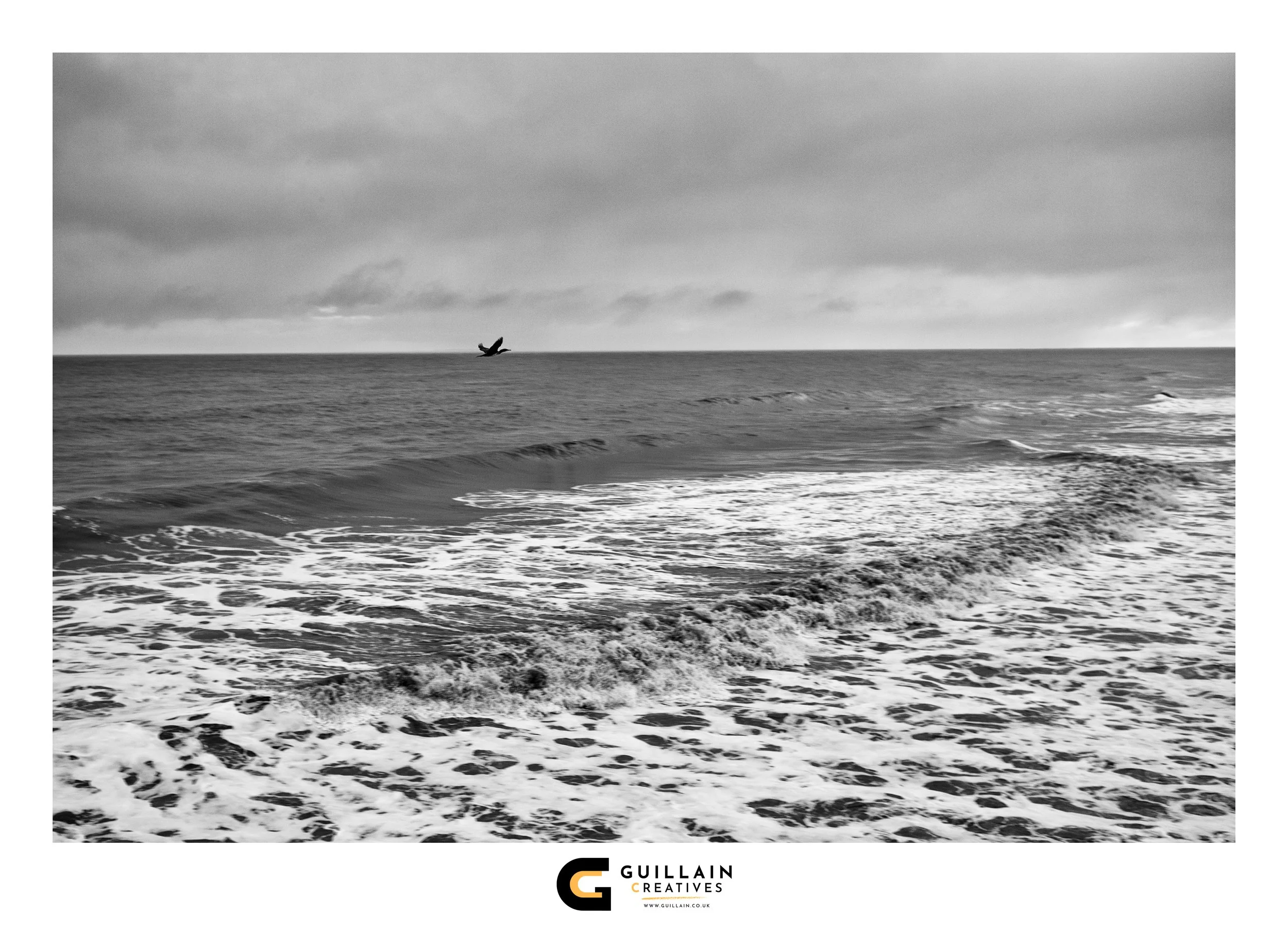 A black and white photo of the ocean with waves, a cloudy sky, and a bird flying above the water near the horizon.