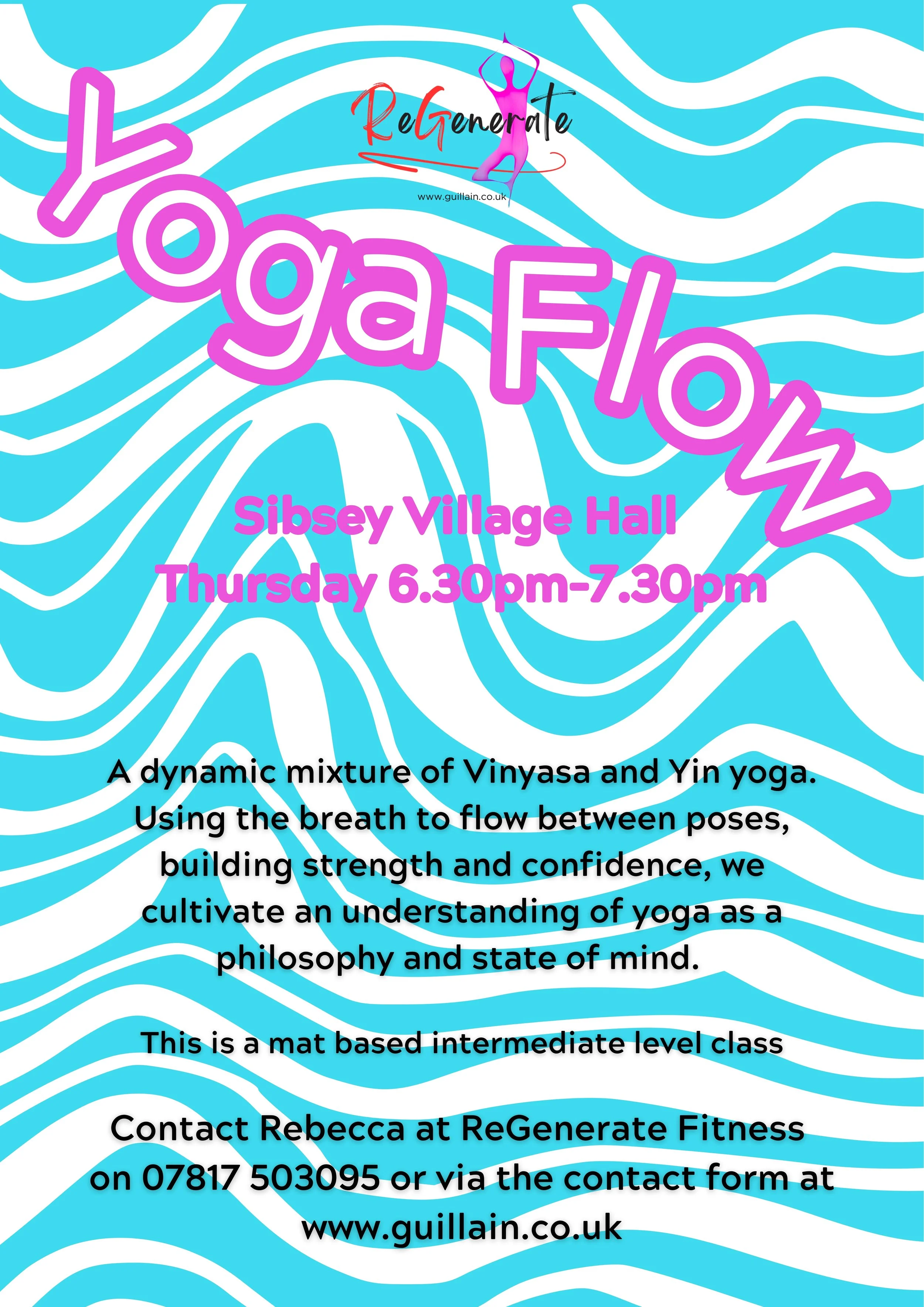 Event poster for yoga flow class with a bright blue and white wavy pattern background and pink and black text. Features a logo at the top with a hosted website and a small silhouette of a woman yoga pose.