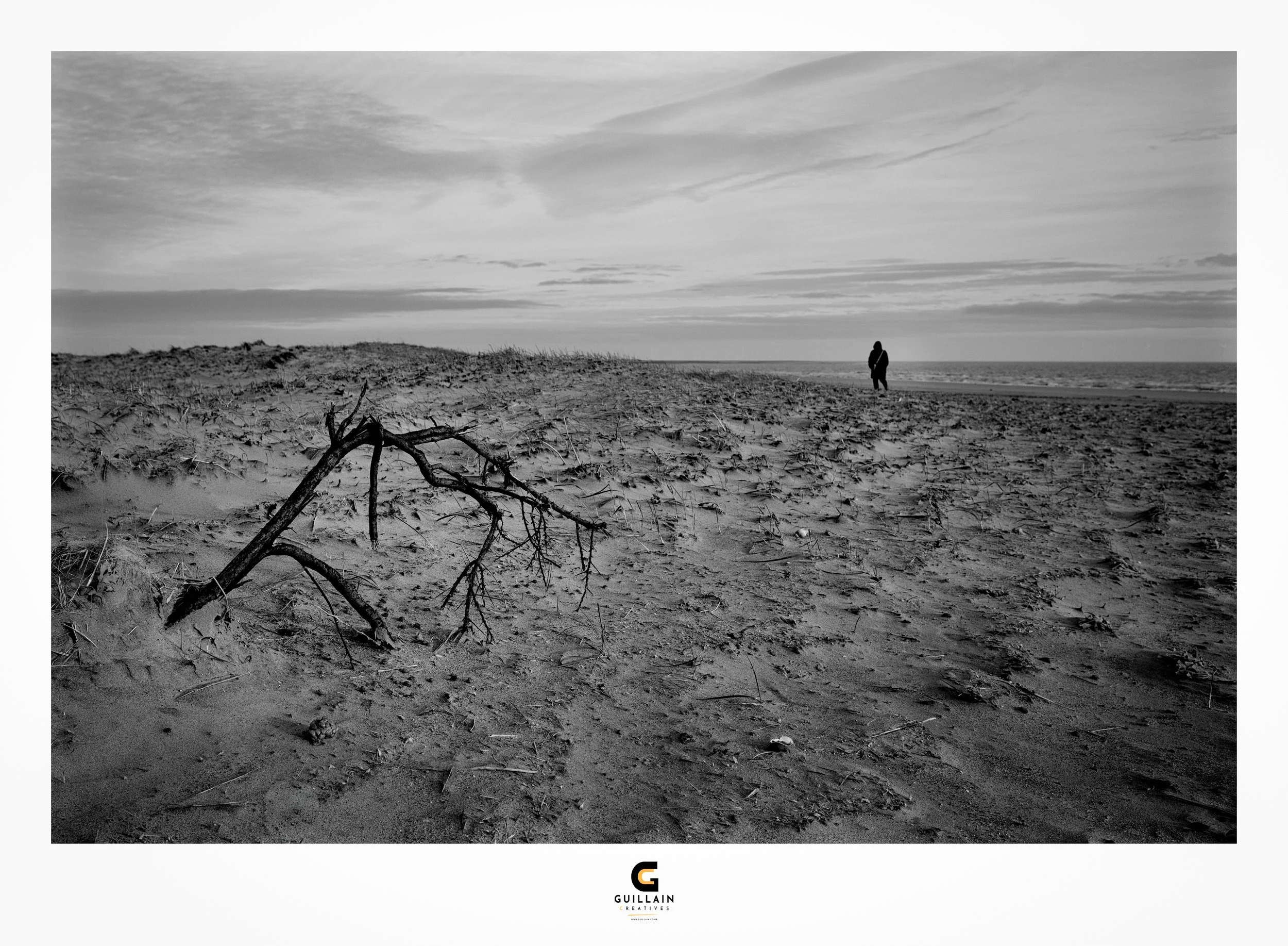 A black and white photo of a beach with a fallen branch in the sand in the foreground. A person is walking along the shoreline in the distance, with the sky partly cloudy above.