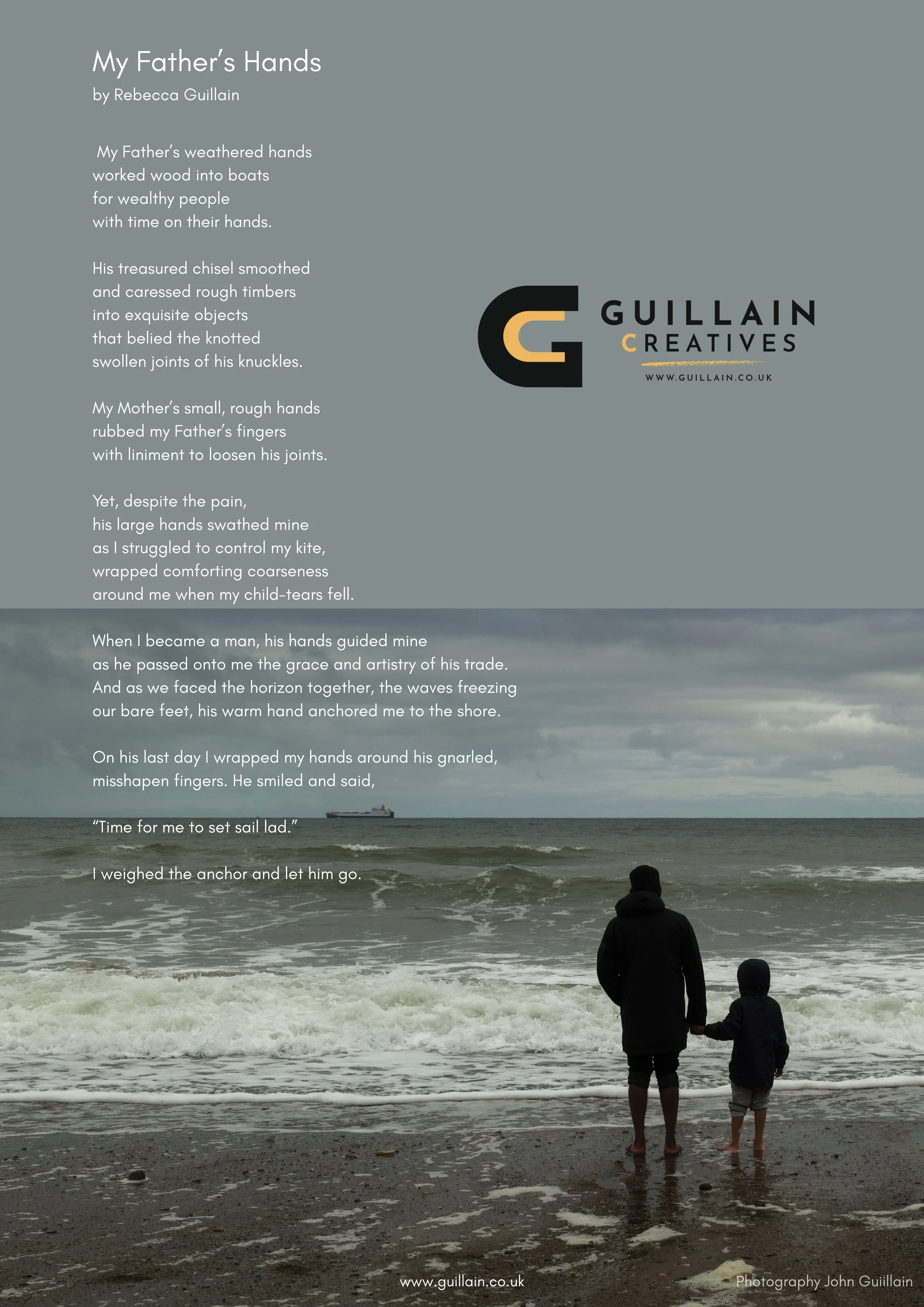 A father and child holding hands and standing on a beach, looking at the ocean with a ship in the distance and a cloudy sky.