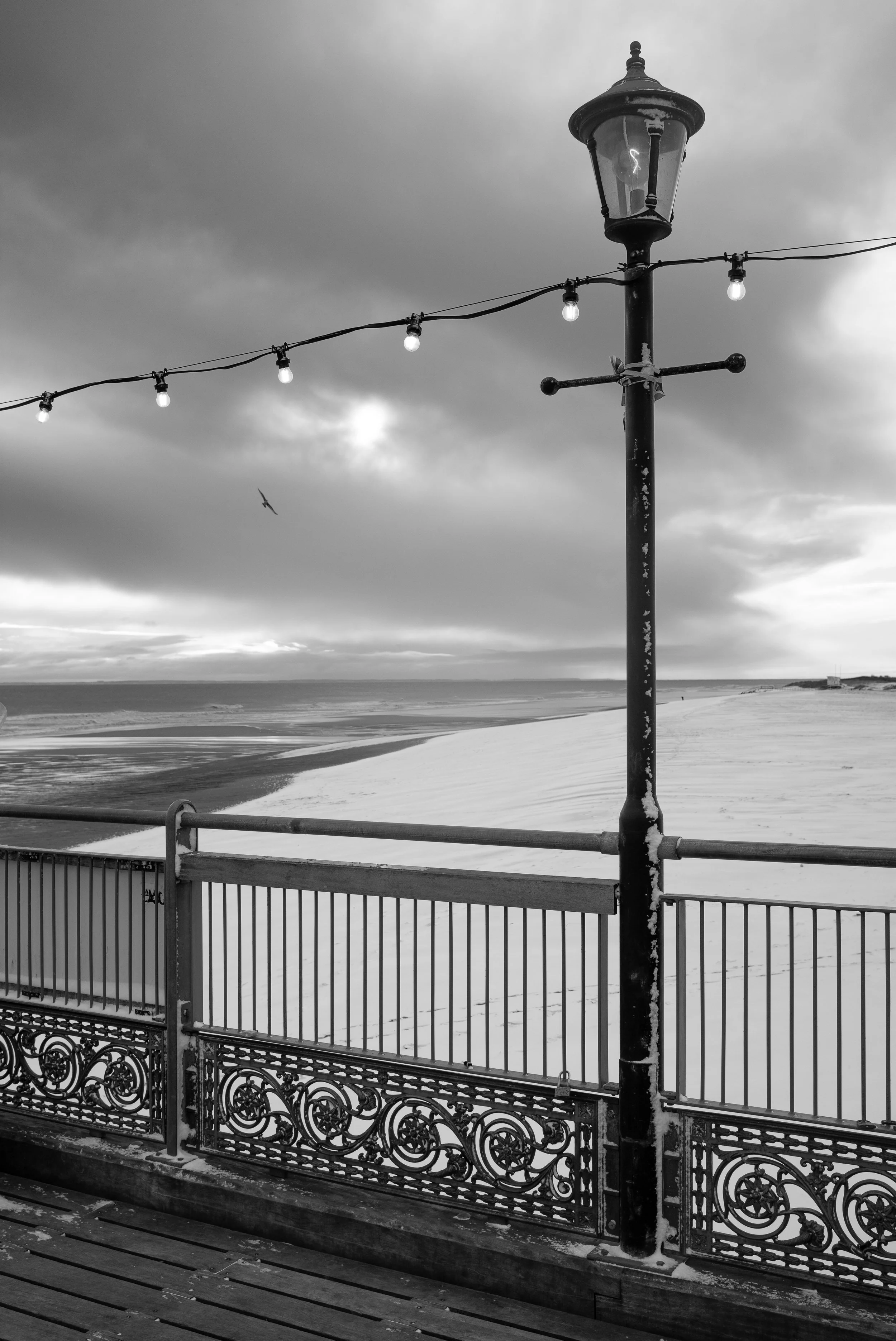 Black and white photo of a beachside boardwalk with a decorative metal railing, an ornate lamp post, and string lights. The sandy beach and ocean are visible in the background, with dark, cloudy skies overhead and a bird flying in the sky.
