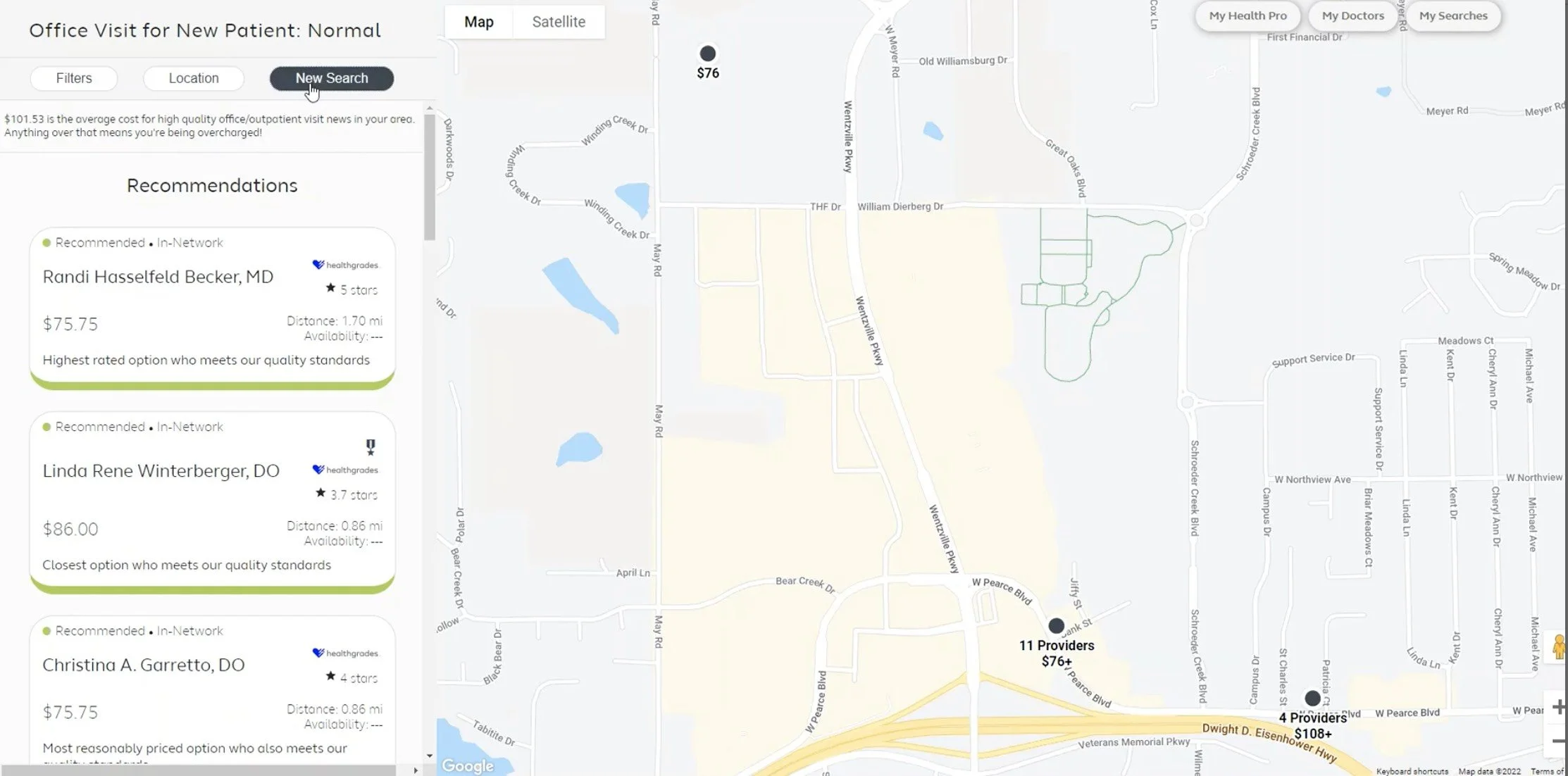 Users were given a results page with a large map view and no option to compare providers.