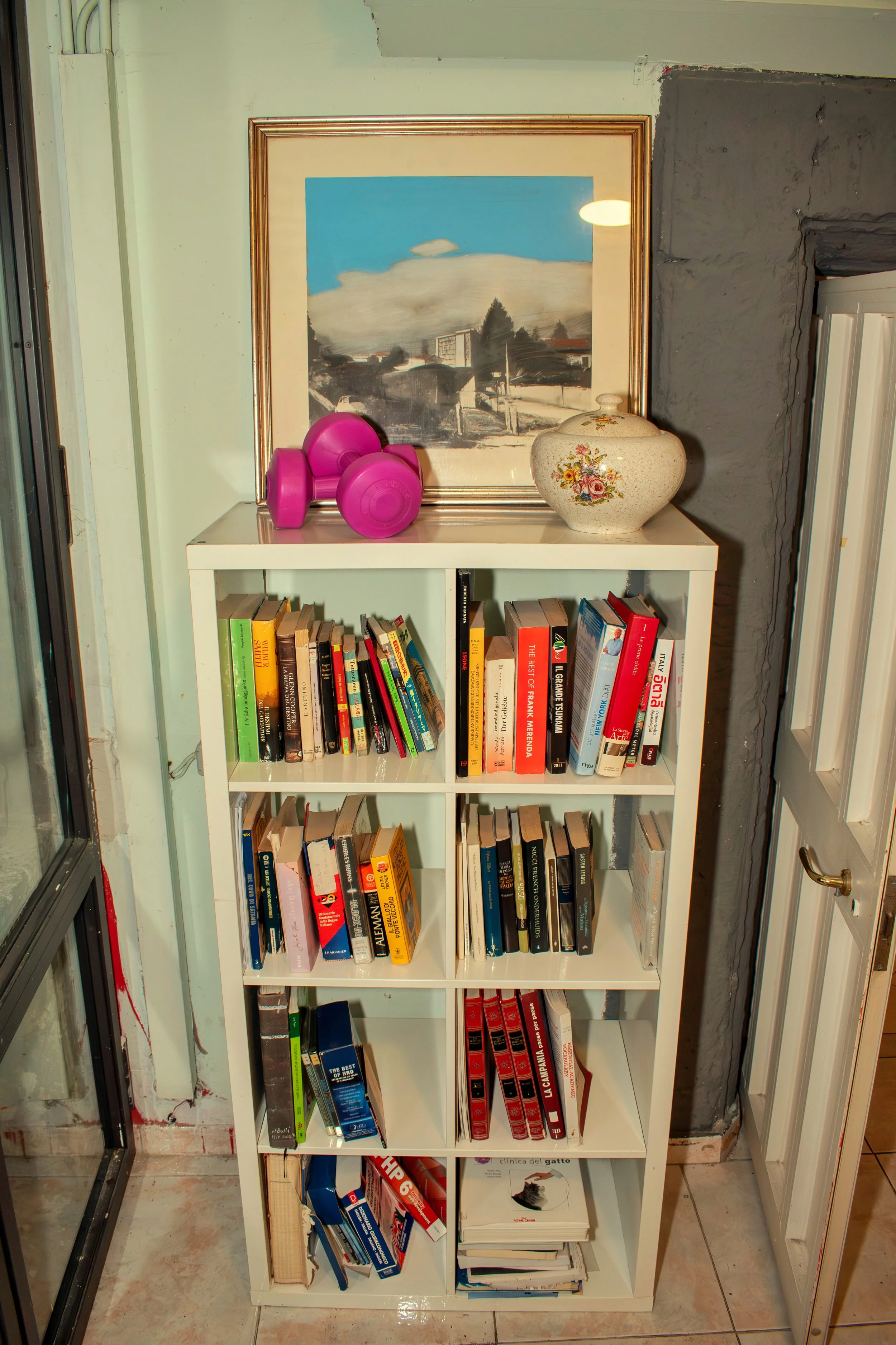 A white bookshelf filled with books, with a framed painting, pink dumbbells, and a floral vase on top.