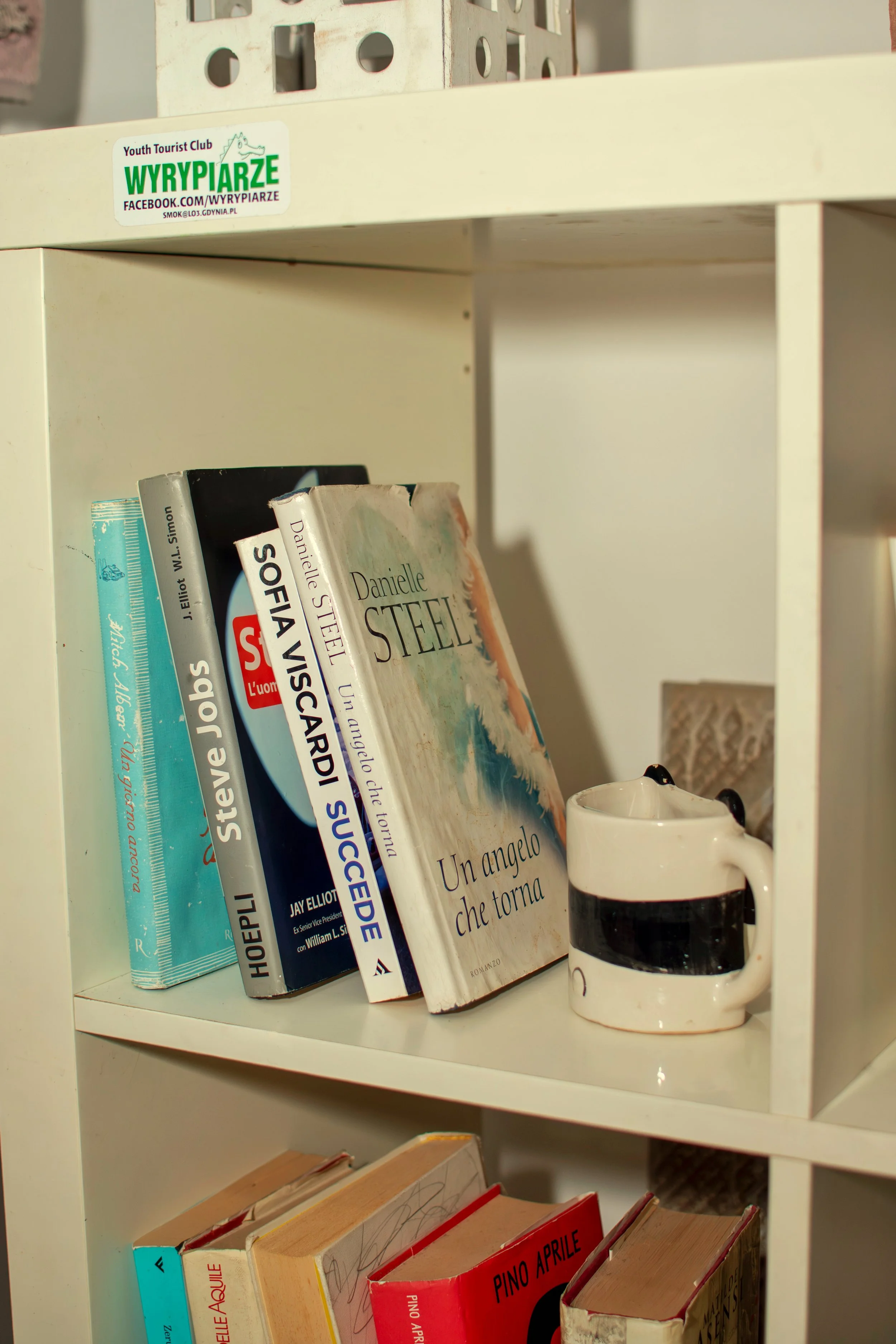 Books on a white bookshelf next to a white mug with black bands and black dots. A sticker on the top shelf reads 'Youth Tourist Club WYRYPARZE' with a Facebook link.