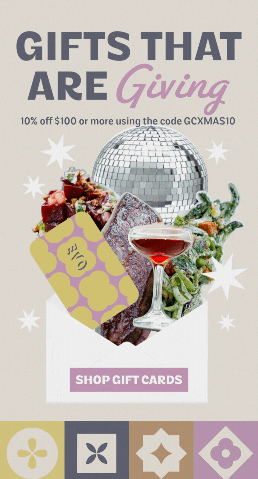 Advertisement for gift cards with a festive theme, showcasing a disco ball, a glass of red wine, a gift card, and holiday-themed food items, promoting a 10% discount using code GCXMAS10.