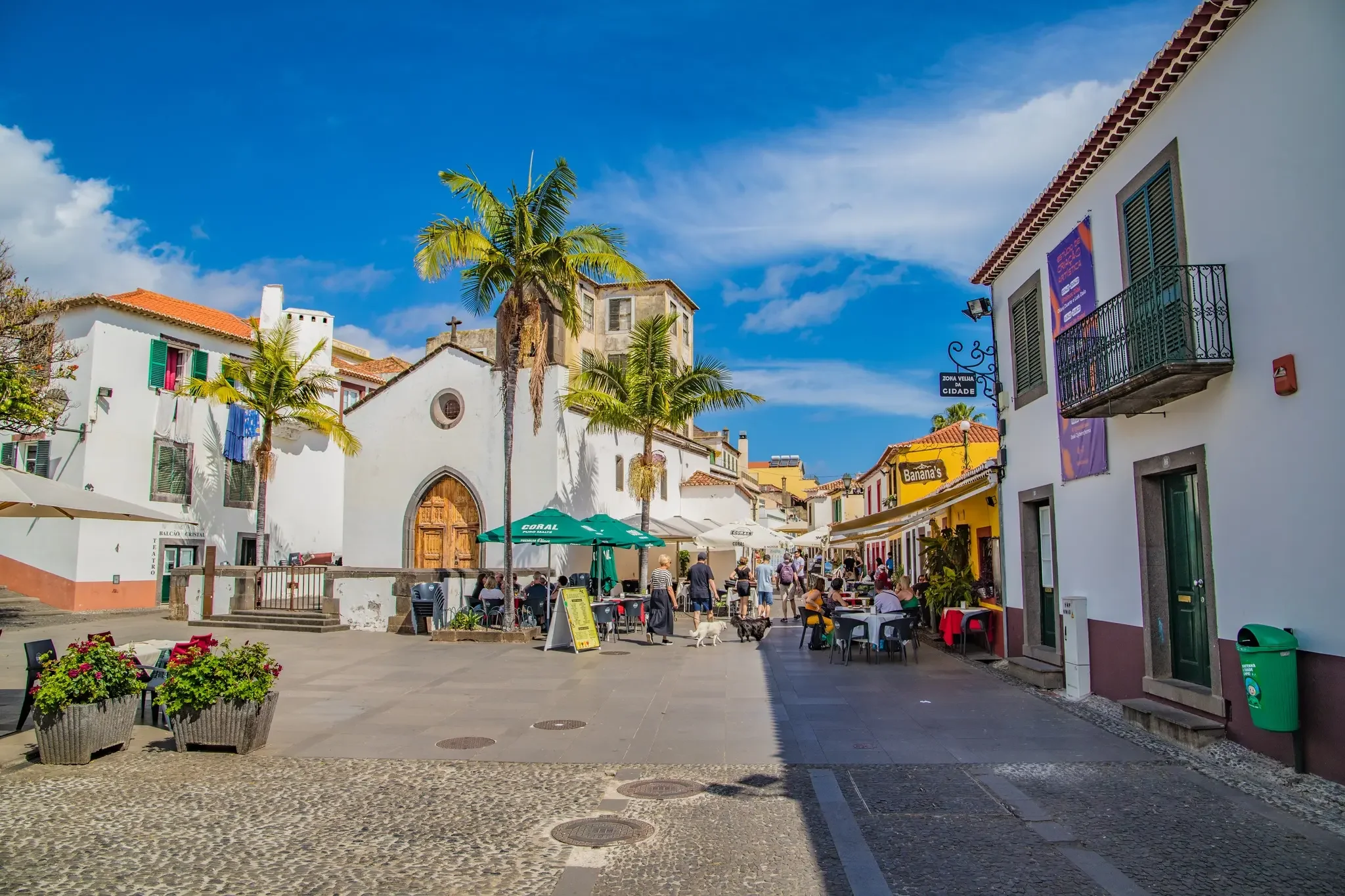 Rua de centro histórico com prédios brancos, árvores de coqueiro, mesas de café ao ar livre, pessoas caminhando, céu azul com nuvens.