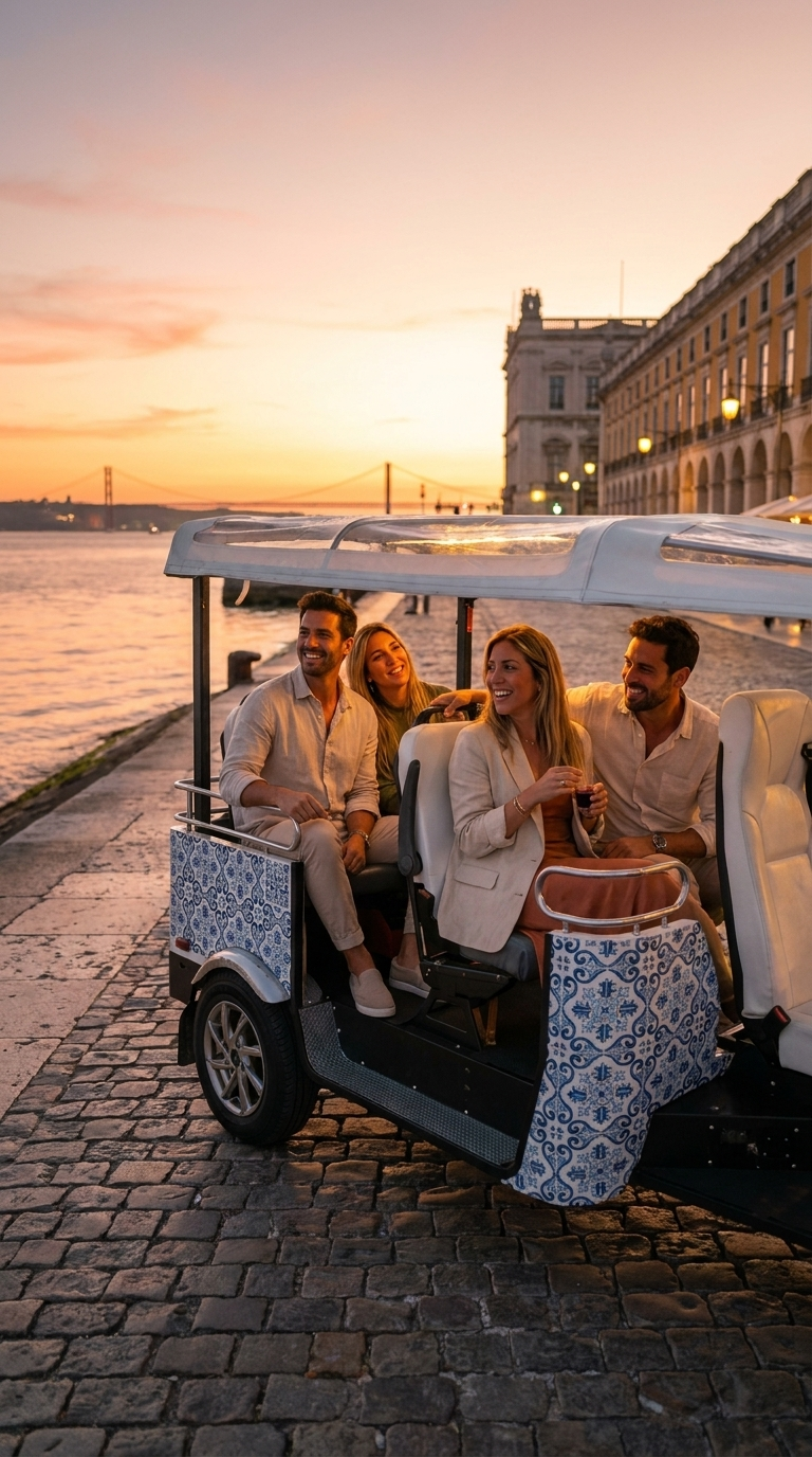 Sunset tuk tuk tour Lisbon — golden hour views over the Tagus River from Graça miradouro with Tukxi