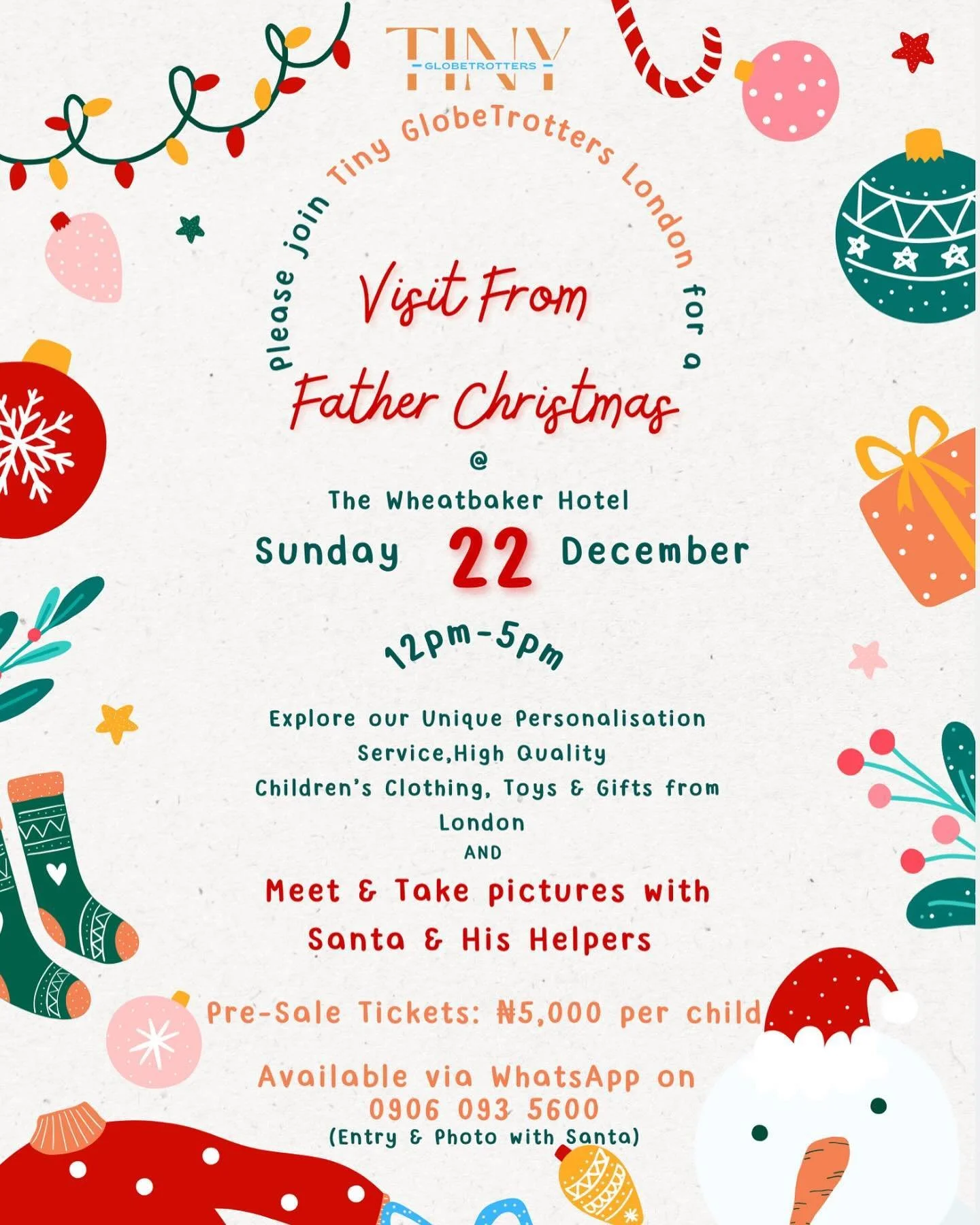 Join us at The Wheatbaker Hotel Lagos for a magical holiday event filled with festive cheer! 

🎅 Father Christmas is Coming to Town

Bring the whole family to meet Father Christmas and his helpers! Capture the moment with photos and create memories 
