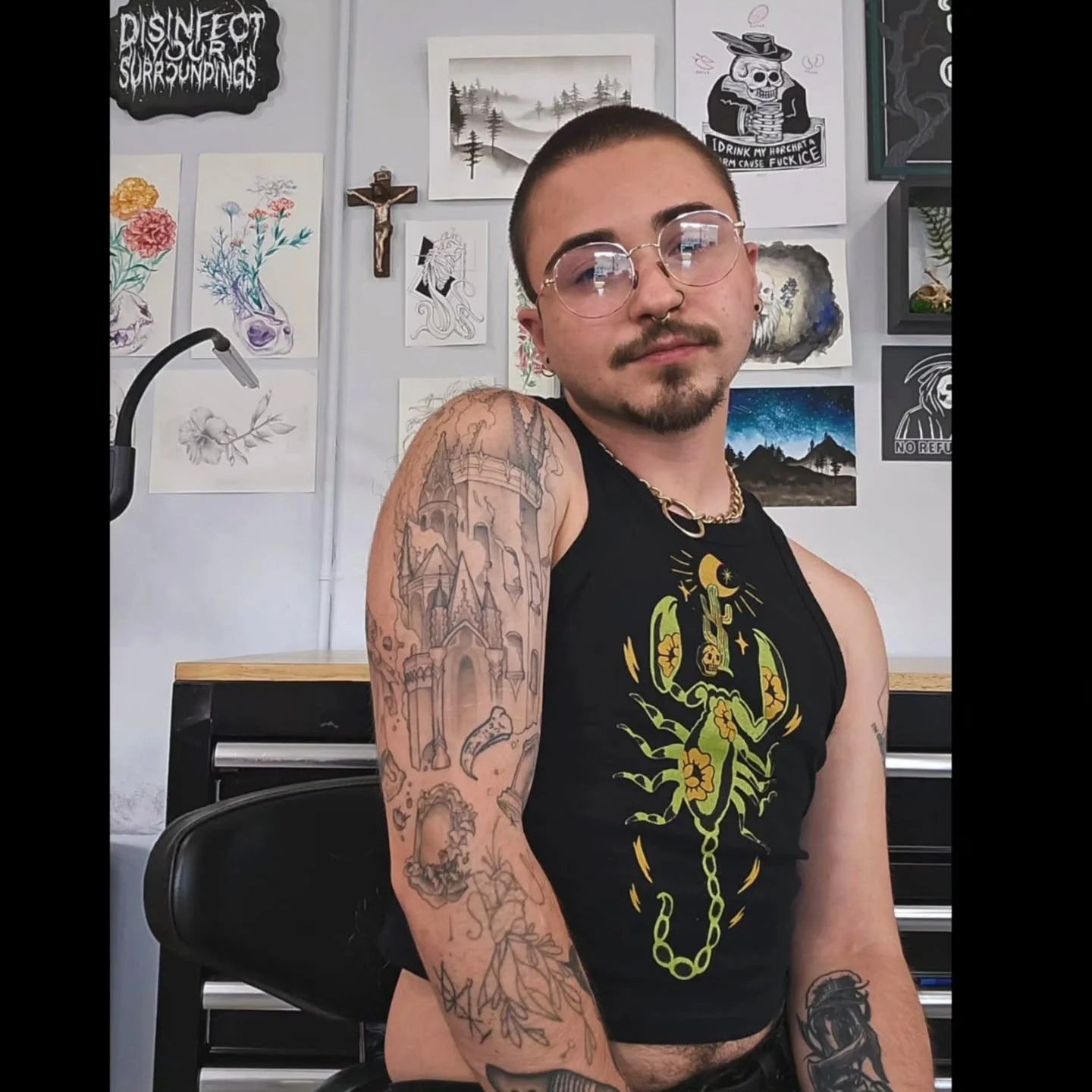 @blackthorne_tattoos looks dashing in the scorpion tank by @mischief_made_me ! 🦂 
  This design, and lots of other amazing pieces by Mischeif Made, are in stock now at Curiouser &amp; Curiouser AVL! Come shop today! ✨️