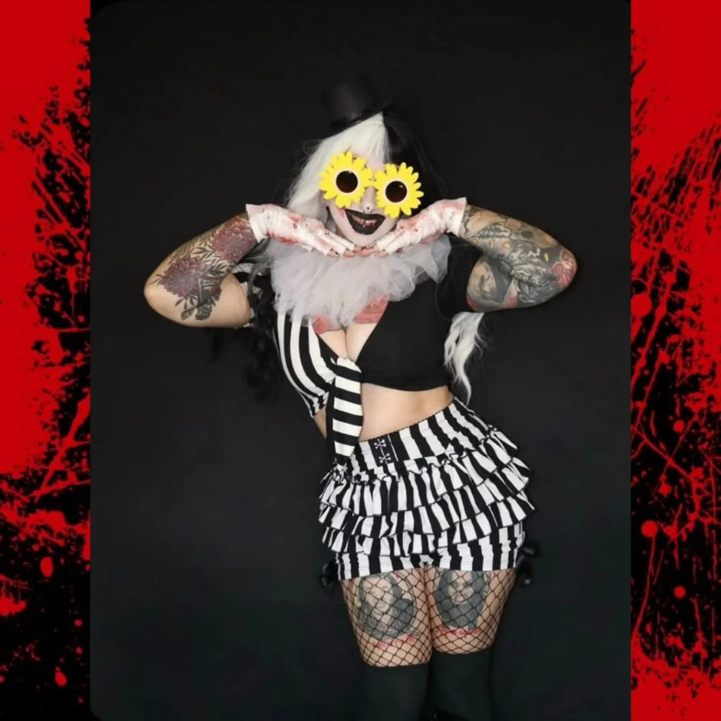 🌼Curiouser &amp; Curiouser AVL Costume inspo🌼
 🔪 Art The Clown
 👁Art The Clown Glasses
 🫀Ghost Town Tie Front Top
 🦷Pierrot Bloomers
 🦴Fishnet Tights
 🧠Handmade Art the clown Earrings
✨️ All items available at @curiouserboutiqueavl
.
.
.
.
.
