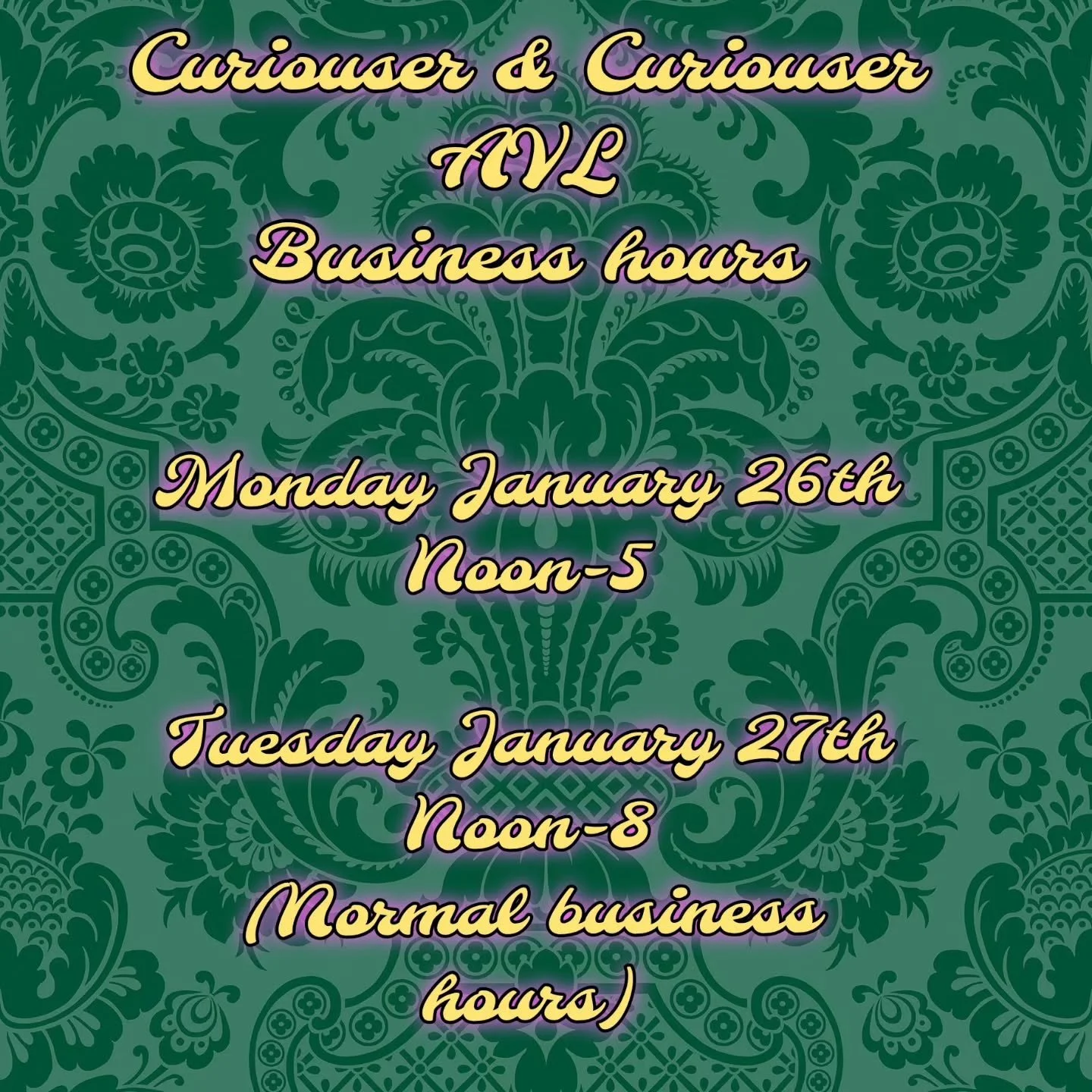 Curiouser &amp; Curiouser is operating half a day today! We plan on being back to normal business hours tomorrow! Please keep small businesses in mind over the next few days and over the weekend, help them recoup the revenue they lost 💜 
 ✨️ New Mis