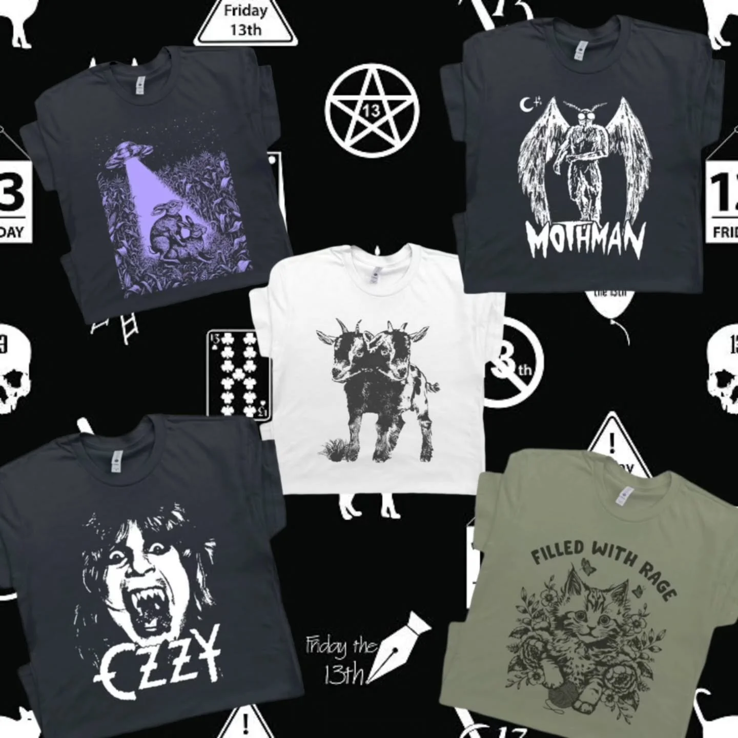 ☠️Just in time for Friday the 13th, we got a Tshirt shipment! We restocked your old favorites and introduced some new styles! Take 13% off all regularly priced items today! 
(Does not stack on other discounts)
.
.
.
.
.
.
.
.
#ozzyosbourne #keepashev