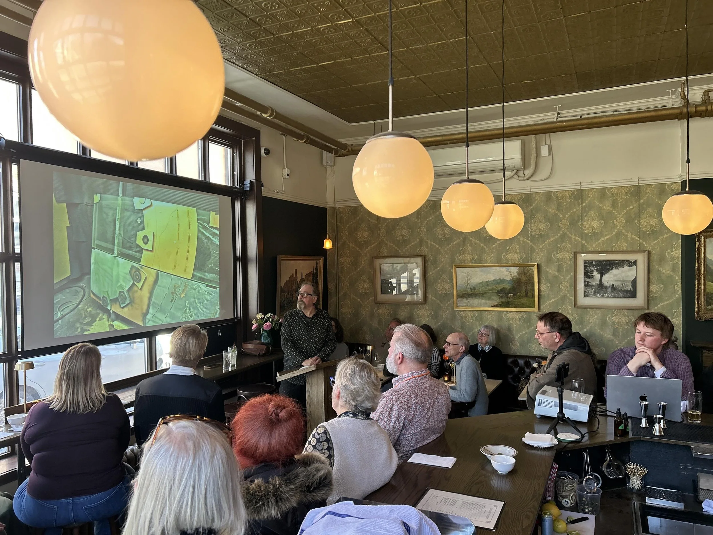 Thank you to Warren Carther for a great presentation about a wide range of projects across the globe. Thank you to everyone who came out, even if you didn&rsquo;t order a Mojito de Cilantro.

Next Tuesday is our design and art book swap - bring yours