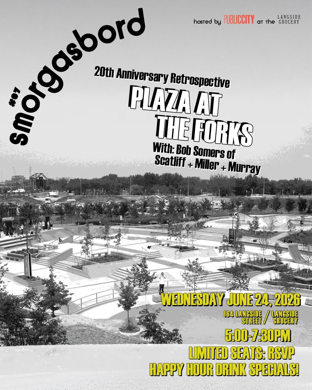Skateboarder and Landscape Architect Bob Somers of Scatliff + Miller + Murray joins us 20 years after the completion of the Plaza at The Forks skatepark for a belated Go Skateboarding Day retrospective presentation, Wednesday, June 24th!

As always, 