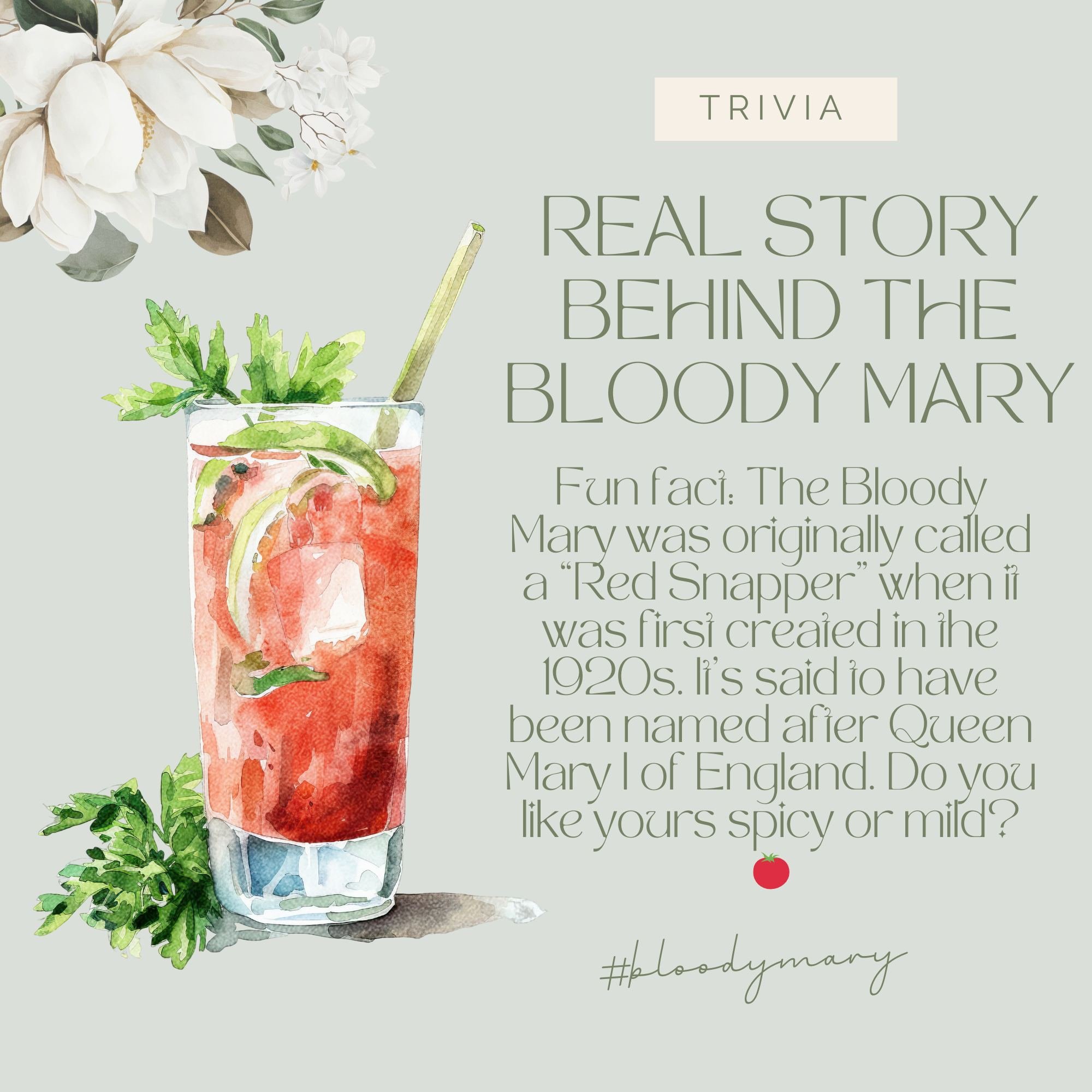 👑🍅 What&rsquo;s in a name? 🍹
Did you know the origins of the Bloody Mary&rsquo;s name are still debated? Some say it&rsquo;s named after Queen Mary I of England, nicknamed &ldquo;Bloody Mary&rdquo; for her reign. Others think it honors a waitress 