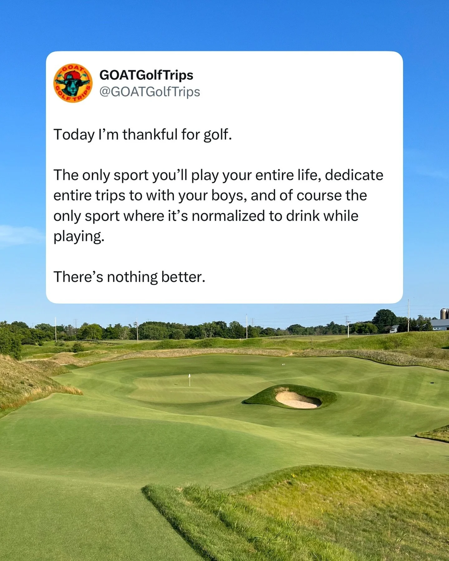 Nothing can beat it. Happy Thanksgiving!!! 🦃🍽 

We highlight a new, underrated golf trip every week. Give us a follow:

@GOATGolfTrips
@GOATGolfTrips
@GOATGolfTrips
@GOATGolfTrips
@GOATGolfTrips

#golftravel #golf #golflife #golfcourse #instagolf #