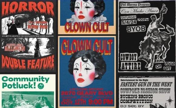 A collage of event and entertainment posters, including horror movie, clown cult event, a cowboy-themed event, and a community potluck.