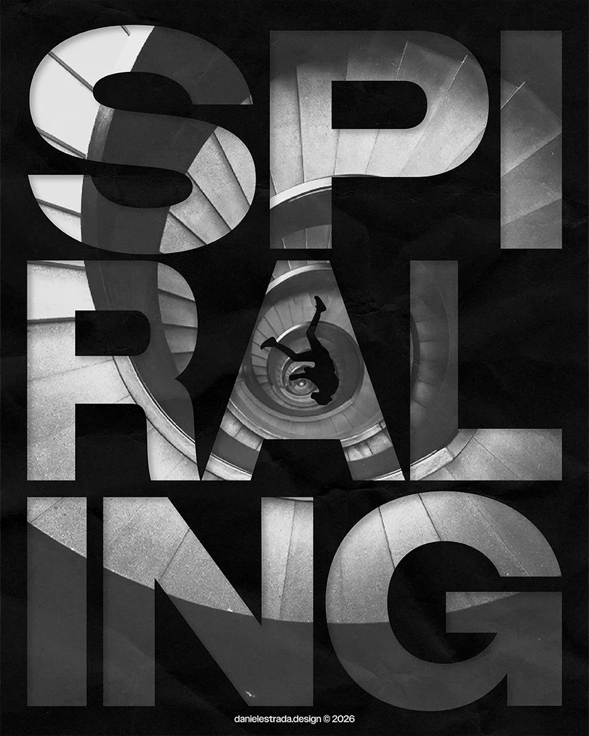 Black and white graphic design with large bold letters spelling 'SPIRALING' arranged vertically. The letters contain internal images of a spiral staircase, with a silhouette of a person falling down the staircase, creating a visual effect of spiraling motion.