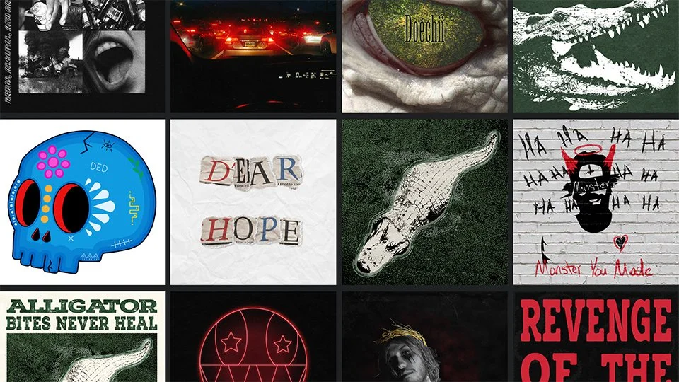 A collage of various images including a Goya-inspired black and white painting, a red car on a highway at night, an eye with the word 'Doclin', a crocodile illustration, a cartoon skull with colorful designs, cut-out words forming 'DEAR HOPE', an alligator drawing, a hand-drawn face with 'Monster You Made' text, a message about alligators, a neon pumpkin face, a person with a serious expression, and the phrase 'Revenge of the' in red.