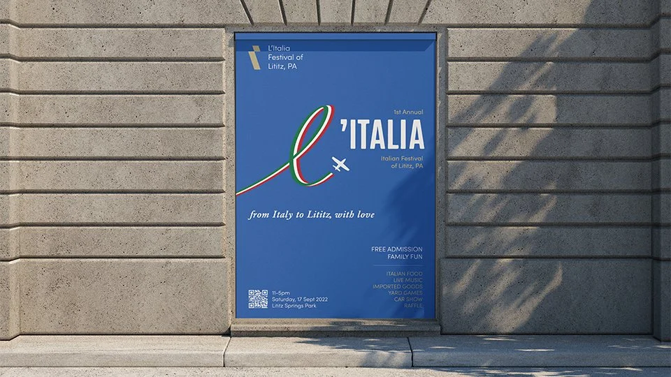 Poster advertising the 1st Annual Italian Festival of Lititz, PA, with the theme "from Italy to Lititz, with love." The event features Italian food, live music, imported goods, yard games, a car show, and a raffle, scheduled for Saturday, September 17, 2022, at Lititz Springs Park from 11 am to 5 pm. The poster has a blue background with an Italian flag-inspired design and an airplane illustration.