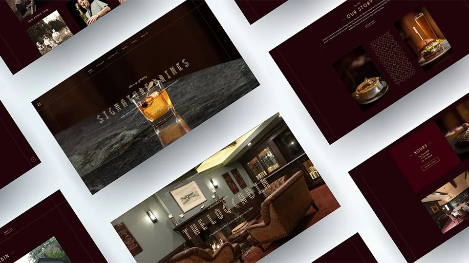 Design mockups for a website featuring a bar or restaurant, with images of drinks and interior decor, and dark maroon background elements.