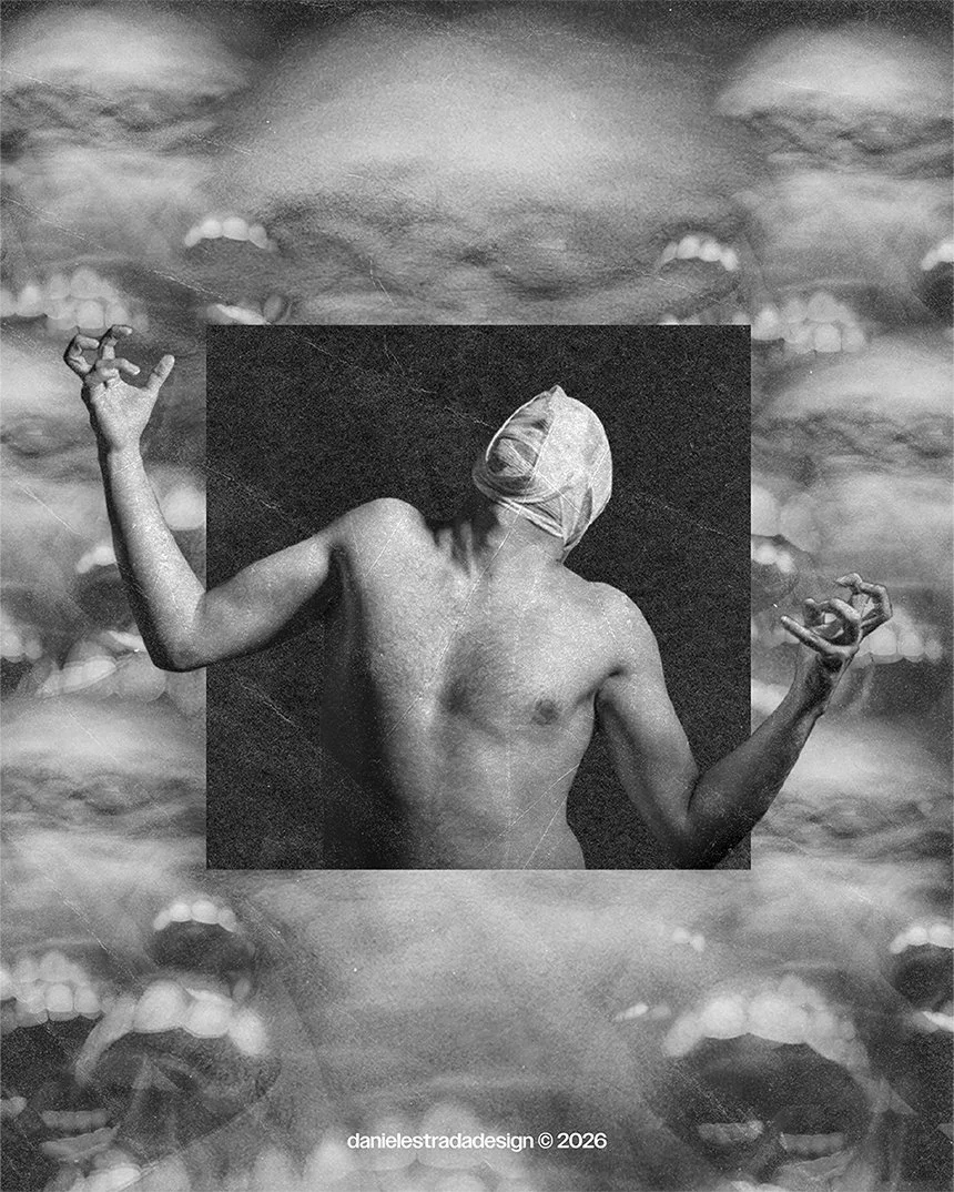 Black and white collage featuring a shirtless person with a bandage over their head, flexing arms with clenched fists, against a background of multiple expressive mouths and eyes.
