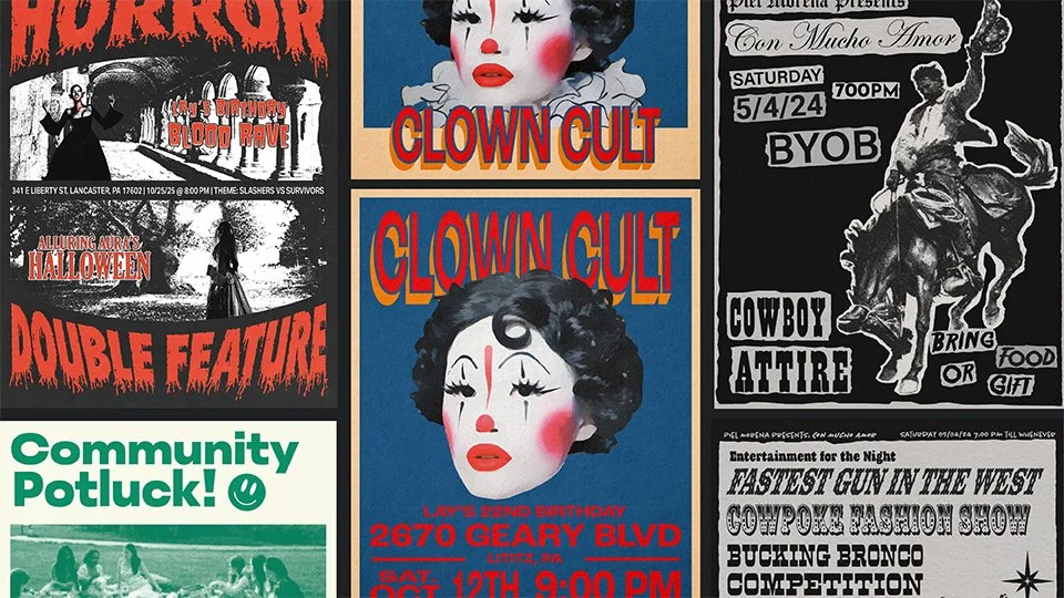 A collage of posters for various events including horror movie screenings, Halloween, clown performancs, and cowboy dress-up shows.
