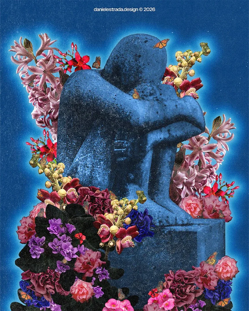 A sculpture of a human body in a slumped position with hands covering face, surrounded by colorful flowers and butterflies against a blue background.