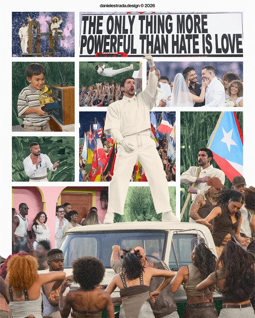 A collage of scenes from Bad Bunny's Super Bowl performance.