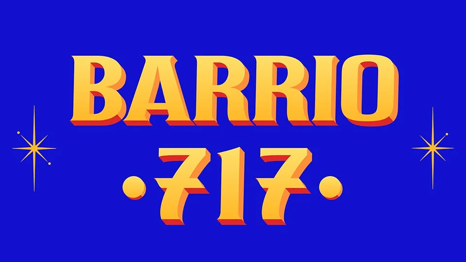 Text reads 'BARRIO 717' in bold, three-dimensional yellow font on a blue background with star-like decorations.