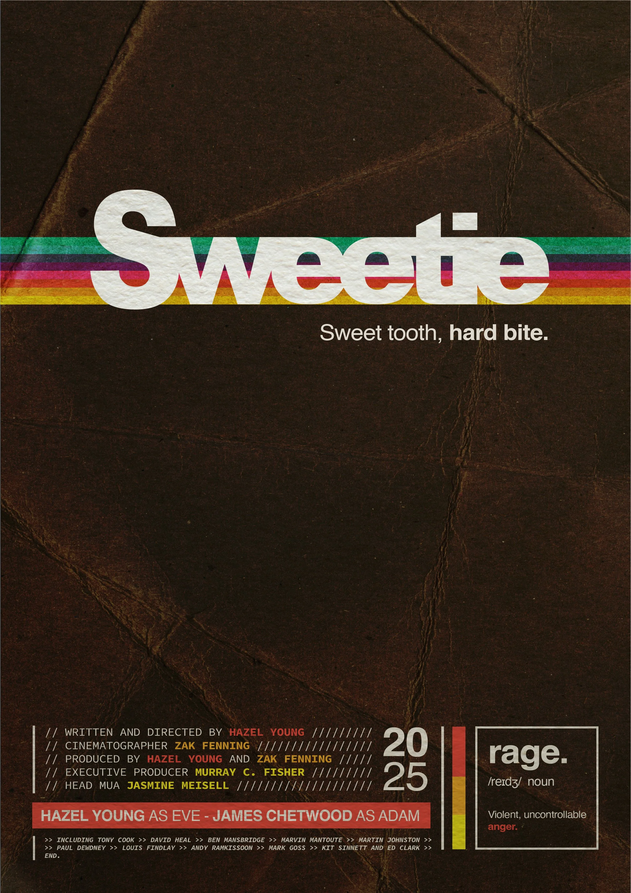 Movie poster for the film "Sweete" titled "Sweet tooth, hard bite." featuring credits including Hazel Young as Eve and James Chetwood as Adam, with a dark textured background and colorful horizontal lines.