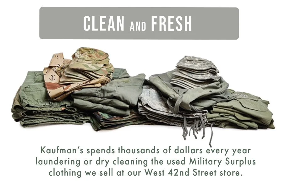 Kaufman's Army Navy 42nd Street Storefront.  Military Surplus store. New and used military surplus uniforms, equipment and insignia from the United States Armed Forces and foreign countries.