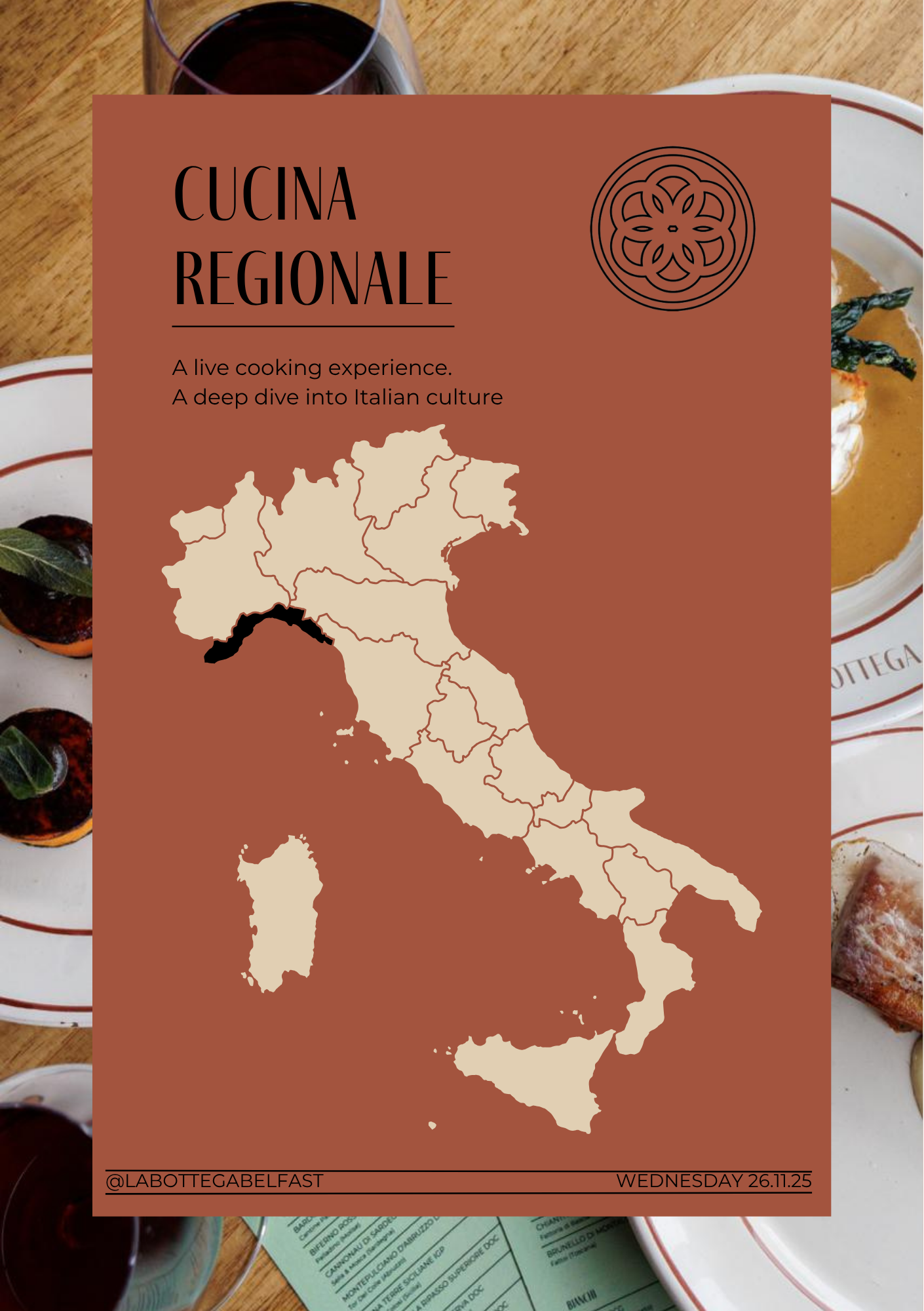 Flyer for "Cucina Regionale" event showcasing a map of Italy with Lazio highlighted, featuring text about a live cooking experience exploring Italian culture at La Bottega, scheduled for Wednesday, February 26, 2025.