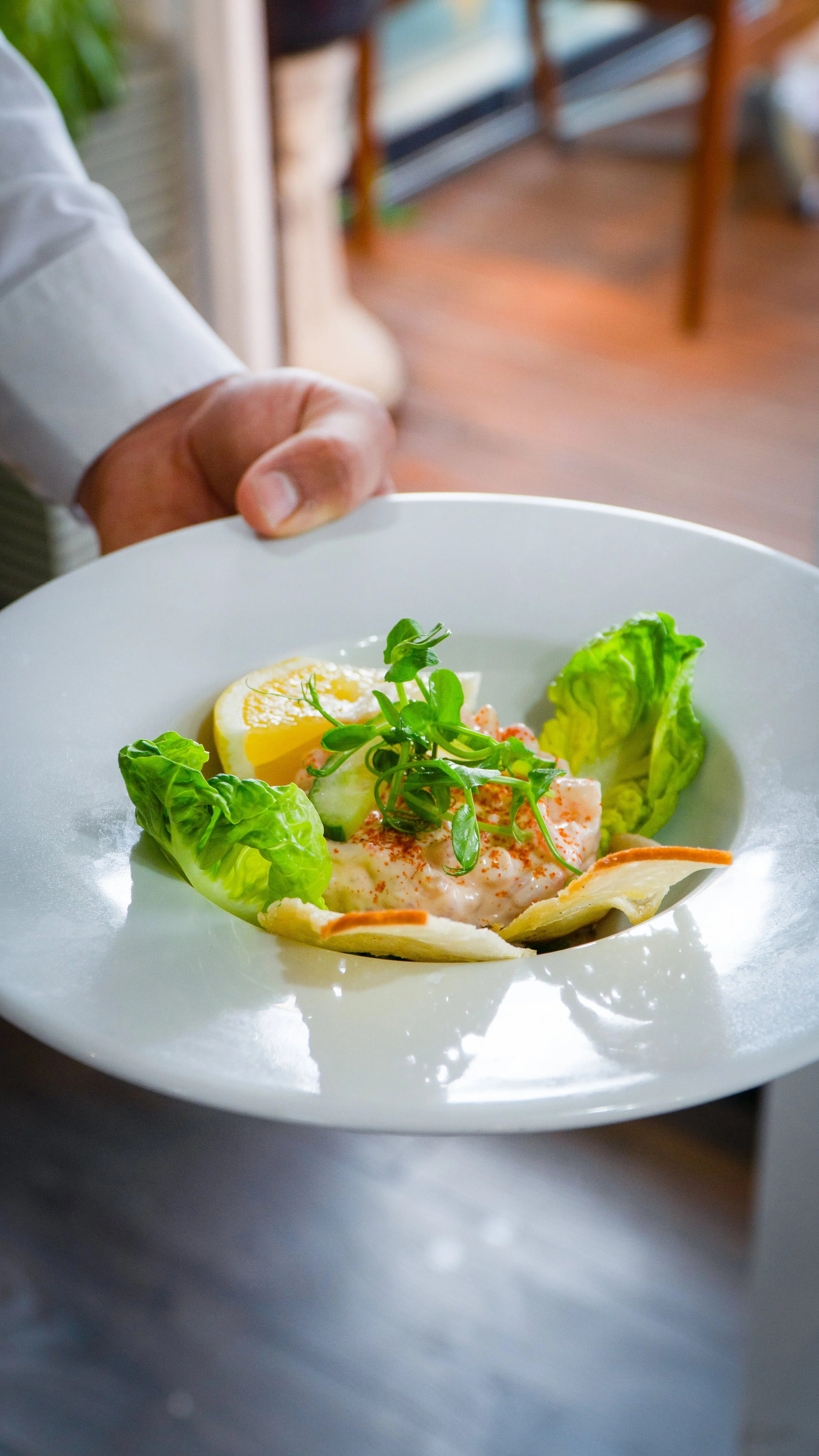 A person in a white shirt holding a white plate with a salad and slice of lemon, garnished with greens, lettuce, and artichoke.