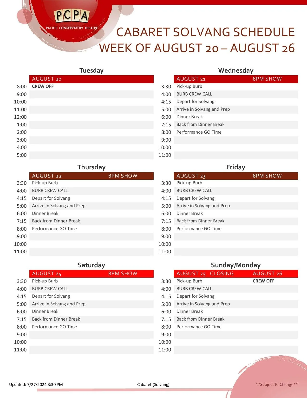 One page of the wardrobe crew schedule outlining various schedule details for PCPA's production of Cabaret.