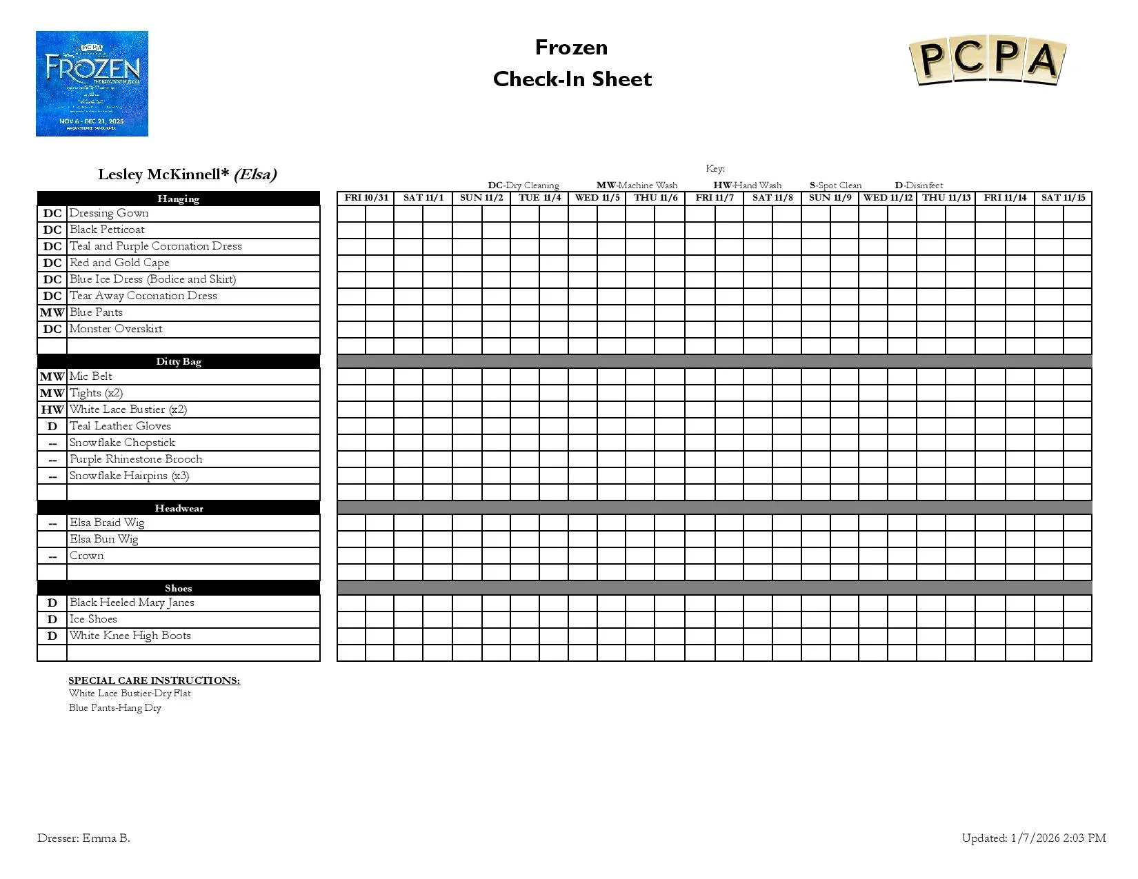 A check-in sheet for PCPA's production of Frozen. It has been structured with a separate column for each performance date and categorizes items by hanging items, ditty bag items, headwear, and shoes rather than whole costume looks.