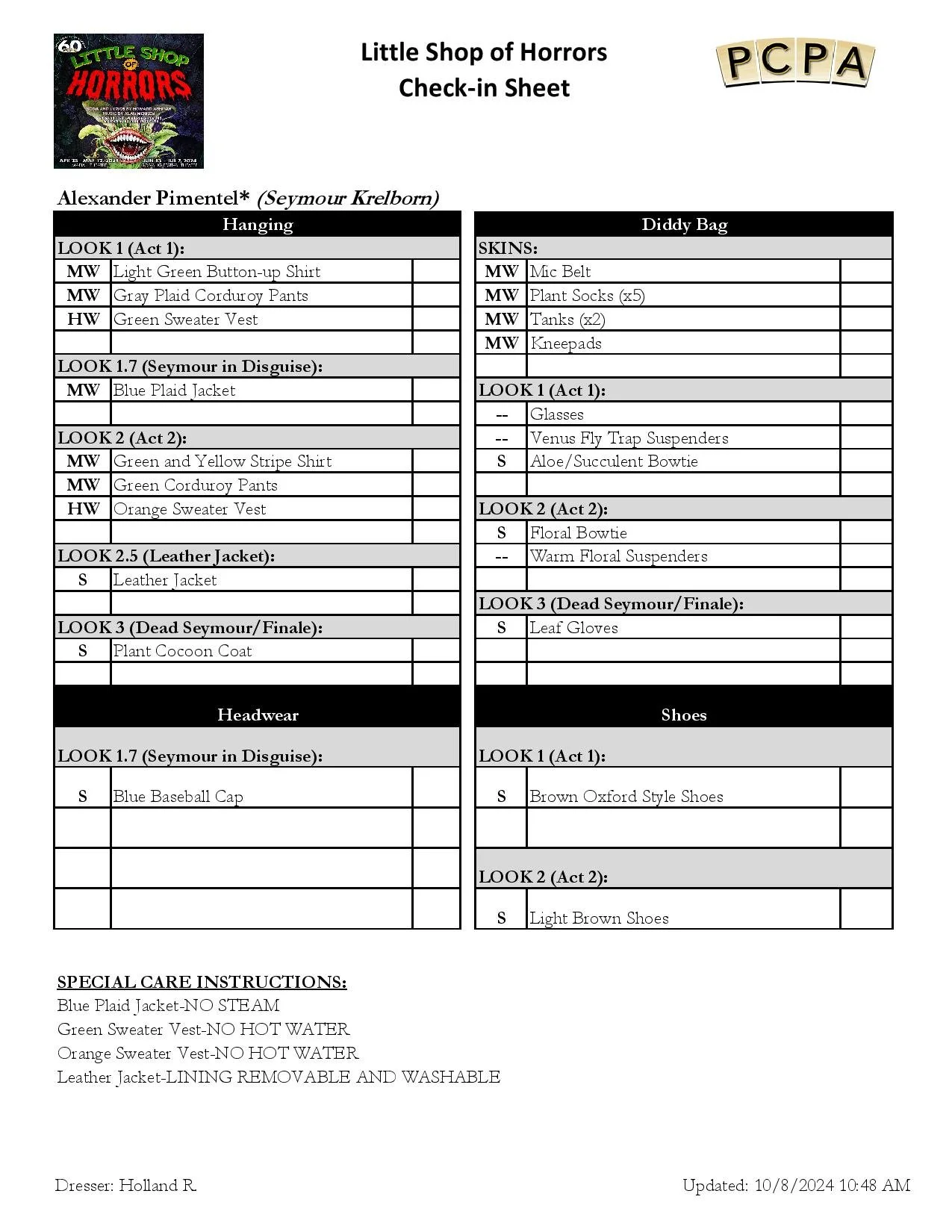 A  role specific check-in sheet for PCPA's production of Little Shop of Horrors. It has been organized by hanging pieces, accessory ditty bag items, and shoes and headwear, with each item further divided by the character’s individual looks throughout