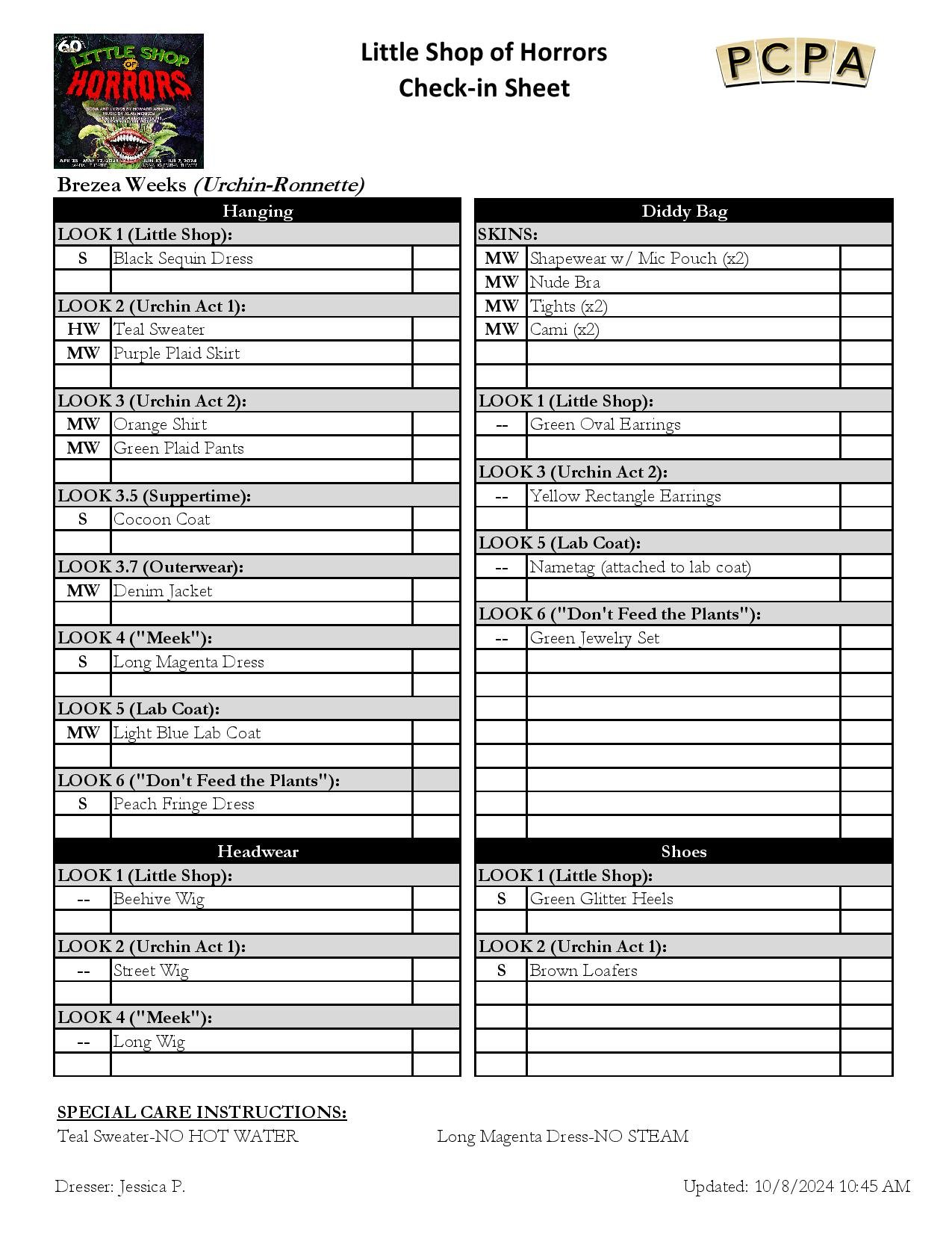 Another example of a check-in sheet. These are designed for daily use in a sheet protector with wet erase markers, allowing items to be checked in and out each performance without the need to reprint multiple sheets.