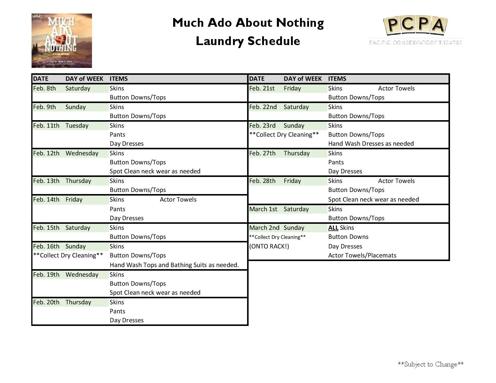 A straightforward laundry schedule detailing daily cleaning assignments for costumes in PCPA's production of Much Ado About Nothing.