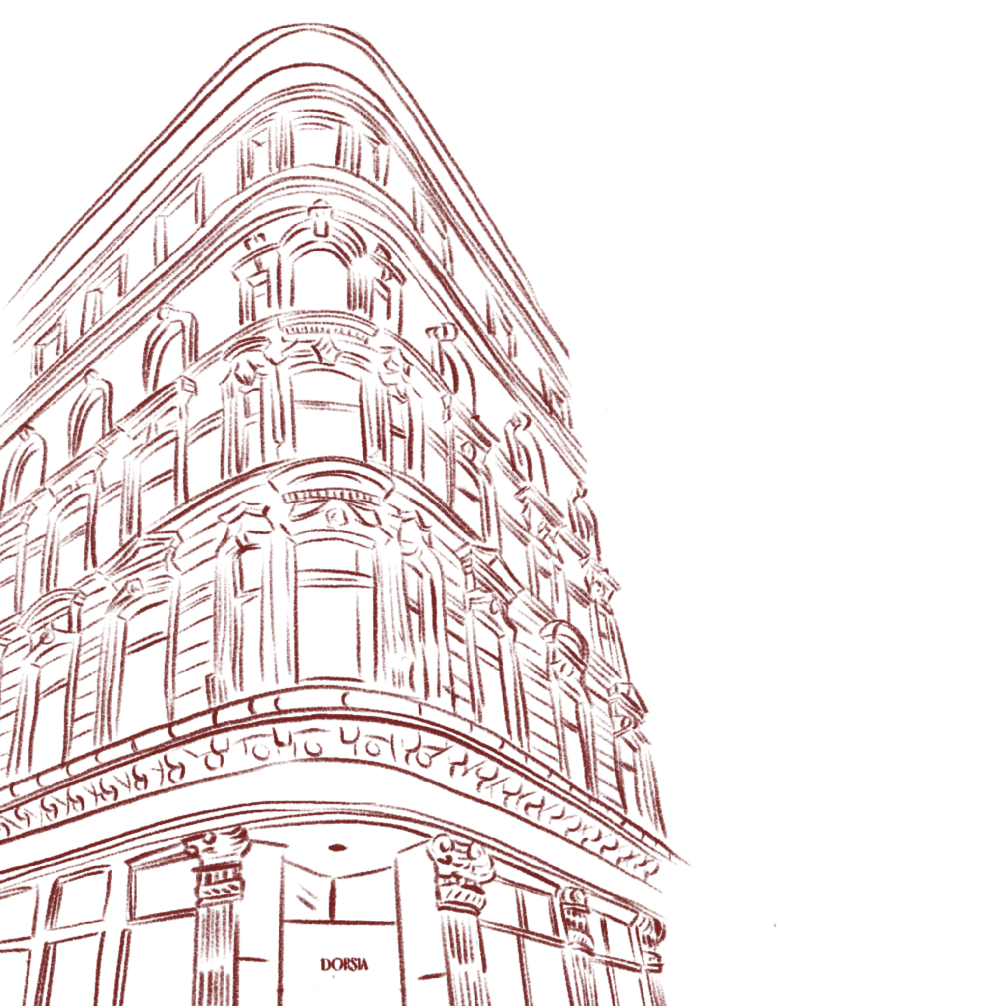 Illustration of a multi-story historic building with ornate architectural details, drawn in a red outline against a black background.